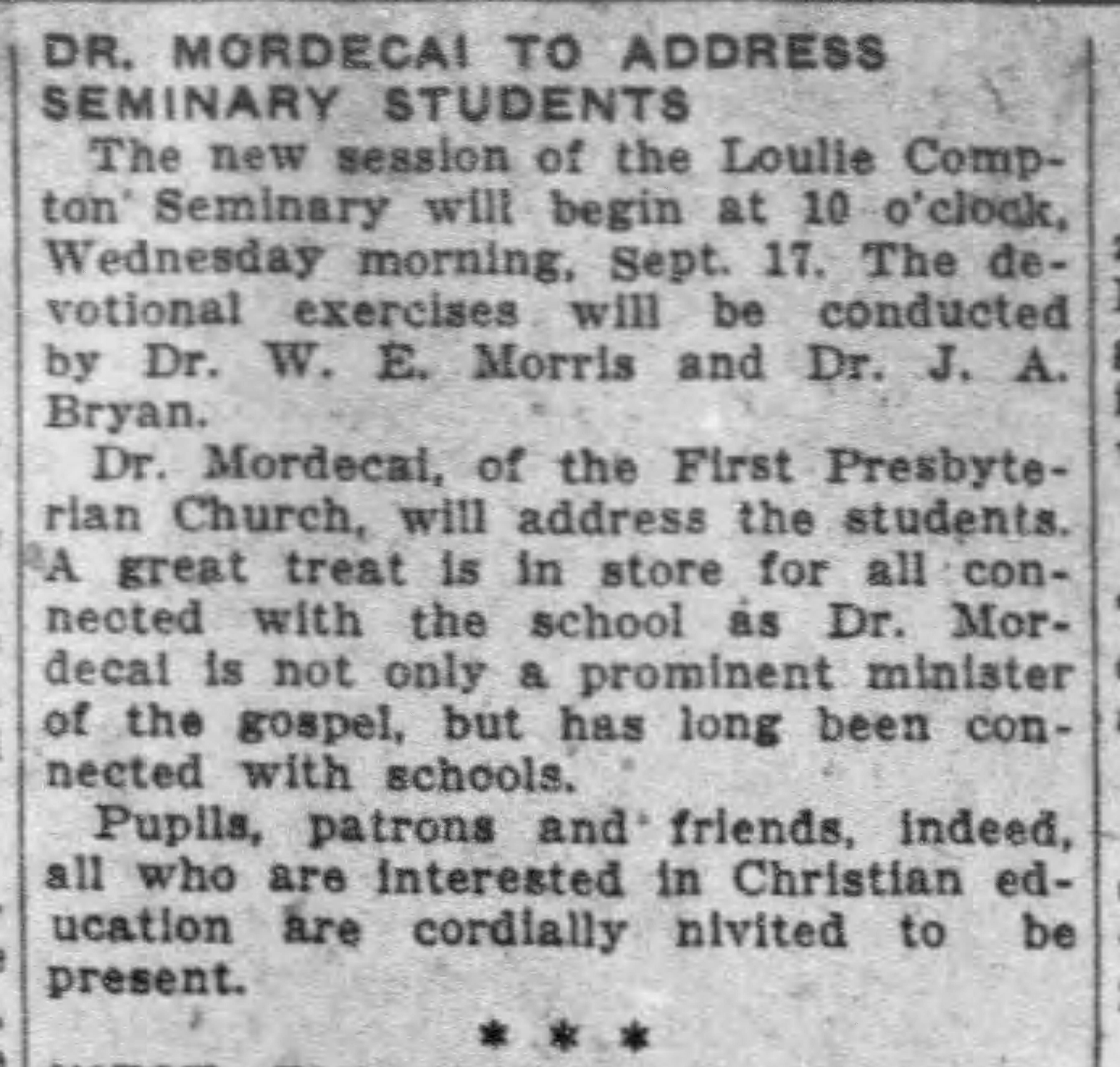 Dr. Mordecai To Address Seminary Students